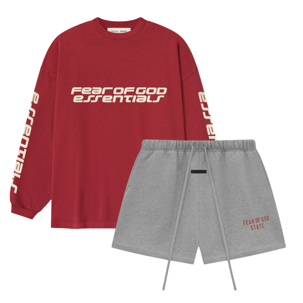 Fear of God Essentials 90s Longsleeve Crimson + Shorts